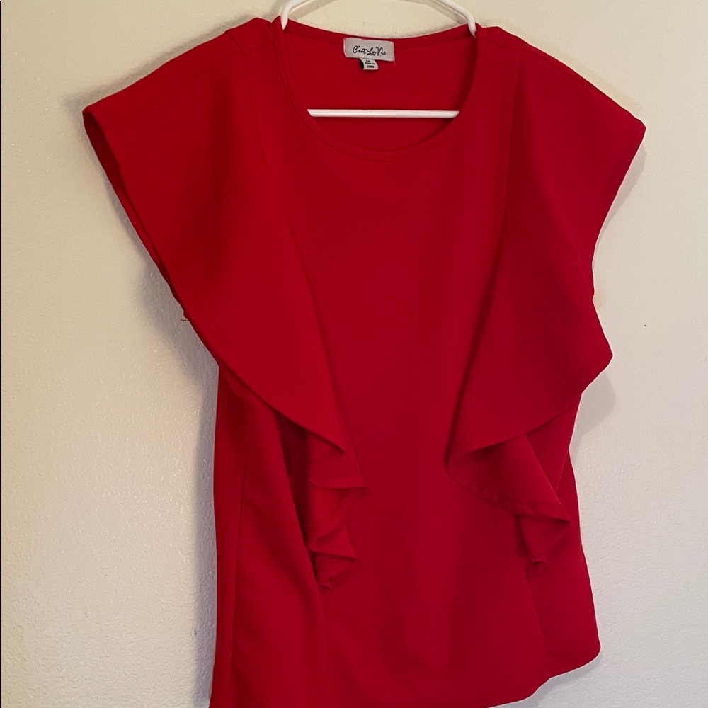 Chic Red Ruffle Sleeve Blouse